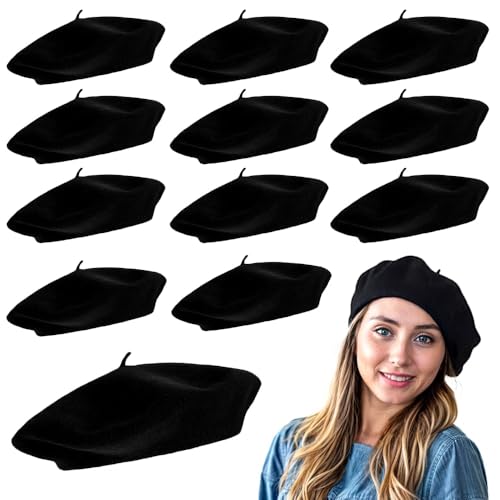 CoverYourHair French Beret Hat for Women & Men - Black Wool Berets, One Size Fits Most Adults - Classic Black Artist Hat & Beret Costume for Theme Parties, French Outfits & Winter Wear (12-Pack)