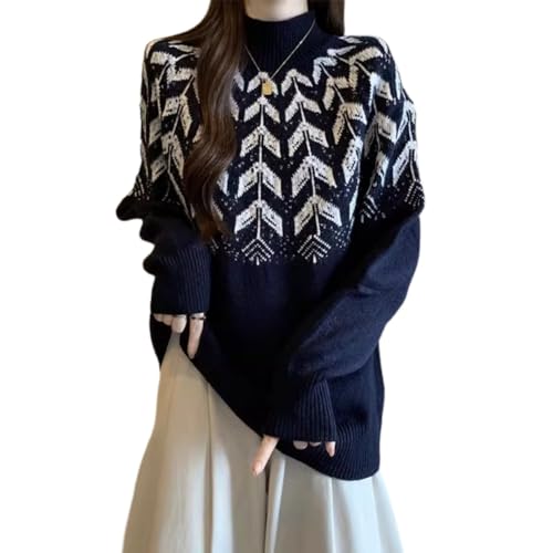 Navy Blue Turtleneck Sweater Ethnic Style for Women Winter Large