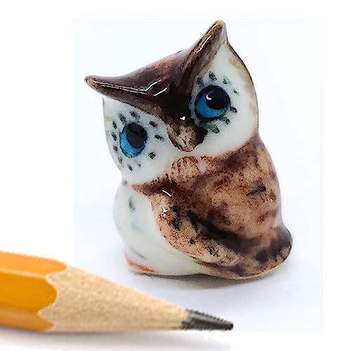 WitnyStore ¾ Inch Brown White Owl Turn Head Left Ceramic Bird Figurine Terrarium Decoration Collectible Statue for Adult Collectors Handcrafted Porcelain Ornament Sculpture Home Room Tabletop Decor