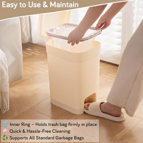 Image of HOKIPO Press-Top & Pedal Dustbin with Lid | Plastic Lightweight Step-On Trash Bin with Silent Soft-Close Lid & Bag Holder Ring | 15 Litres, Cream (NEW-AR-6195)