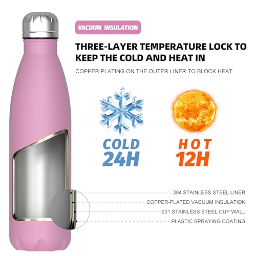 Image of WATERSY Stainless Steel water bottles,17oz /500ml Insulated Water Bottles,Gloss Pink metal water bottle Keeps Drink Cold and Hot,BPA Free kids water bottles for School,Gym,Travel,Sports