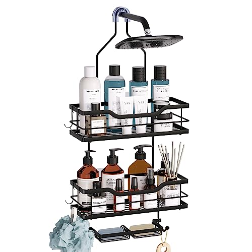 Consumest Shower Caddy Over Shower Head With Soap Holder, No Drilling Hanging Shower Organizer With 4 Movable Hooks, Rustproof & Waterproof Hanging Shower Caddy Shower Storage Rack, Black #TOP24