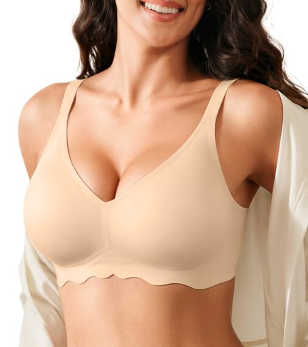 DEANGELMON Jelly Bras for Women -Seamless Wireless Support Bra No Underwire Push Up Bras Full Coverage T-Shirt Bra(Skin,L)