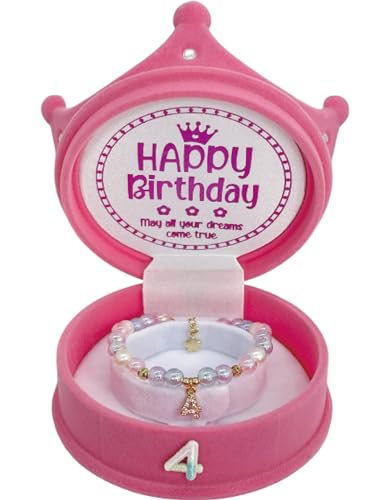 ZomefinKiu Toddler 4th Birthday Princess - Pink Charm Bracelet, Crown Shape Keepsake Jewelry Box, 4 Year Old Girl Birthday Outfit for 4th Bday Party