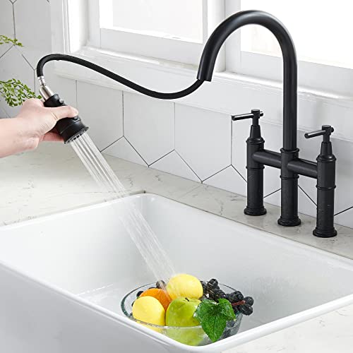 Shaco Black Bridge Kitchen Faucet, 3 Hole Farmhouse Kitchen Faucet With Pull Down Sprayer, Two Handle High Arc 360 Swivel Traditional Country Heritage Solid Faucets For Kitchen Sinks #TOP1