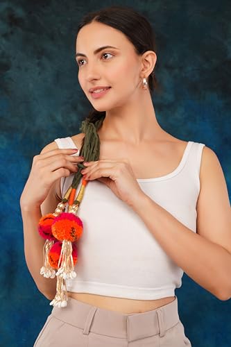 Image of Zippy Flora Gulabo Parandi (Orange) with pompoms| Handmade Boho Parandi | Traditional Hair Accessory with Tassels & Shells | Hair Extension | Choti | Versatile for All Hair Types