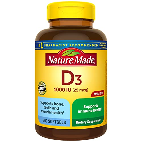 Nature Made Vitamin D3 1000 IU (25 mcg), Vitamin D Supplement for Bone, Teeth, Muscle and Immune Health Support, 300 Softgels, 300 Day Supply