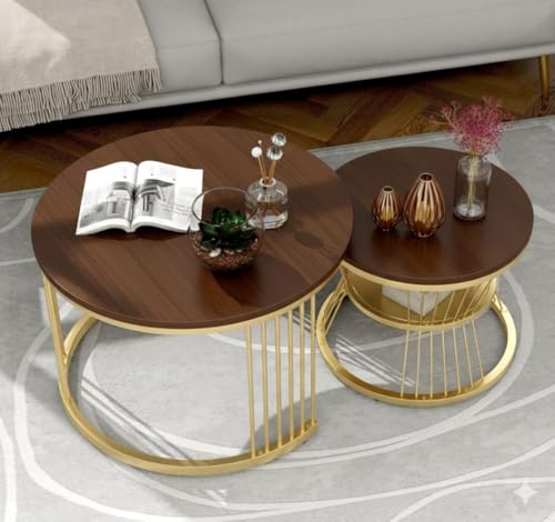 Image of Roldo Modern Nesting Coffee Table Set of 2 for Living Room, Round Coffee & Side Table with Metal Frame and Marble Finish MDF Top, Center Table for Sofa, Home Decor Office & Apartment (Gold Walnut)