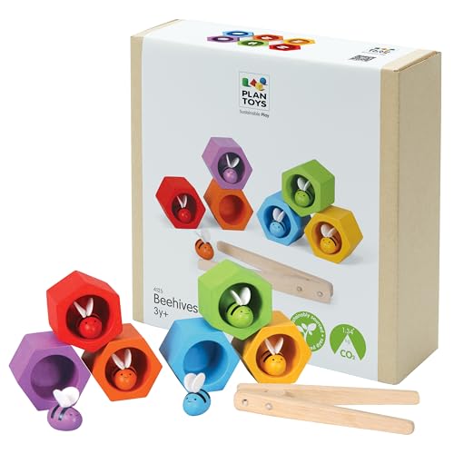 PlanToys® Wooden Beehive Color Sorting Toy for Toddlers | Montessori Fine Motor Skill Playset with Bees, Hives & Tweezers | STEM Learning Toy for Kids Ages 3+