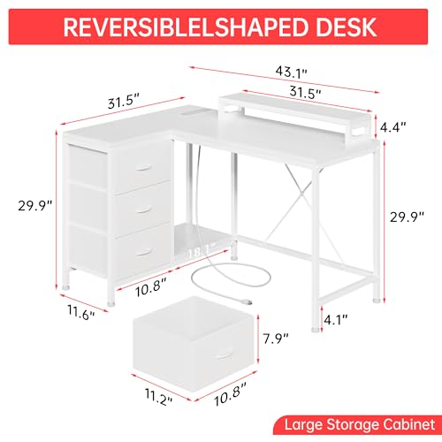 Image of Hetoy L-Shaped Gaming Desk with Power Outlets, Corner Desk with Drawers, Shelves & LED Lights, Computer Desk for Home & Office