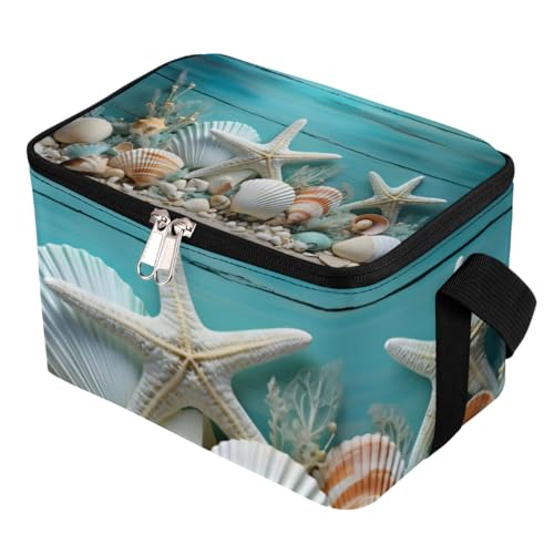 GzLeyigou Lunch Bags for Women Men 9 Cans,Starfish Seashell Beach Hot & Cold Food Delivery Bag Insulated Grocery Bag Insulated Lunch Box Blue Wooden Cooler Bag for Office Work Picnic Beach