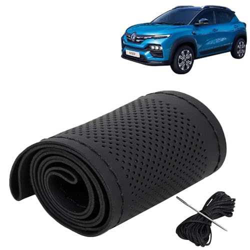 Image of KINGSWAY PU Leatherite Car Steering Cover Sewable Compatible with Renault Kiger (Year 2021 Onwards), Black Color with Black Thread, Pack of 1 with Sewing Needle and Thread