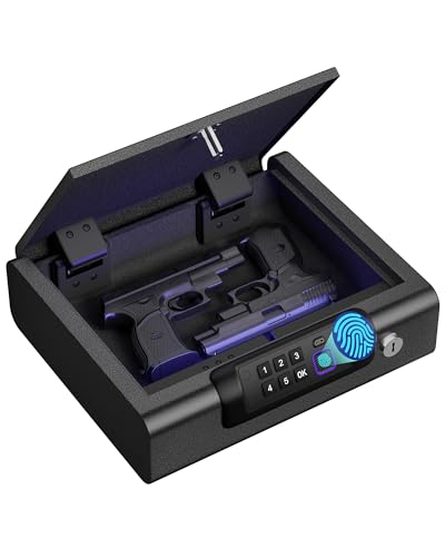 BILLCONCH Cabinet Safes Biometric Gun Safe Portable Pistol Safes Electronic Lock Box Key Access with LED Light Silent Mode Bedside Gun Safe for Pistols, Gun Lock Box for Nightstand