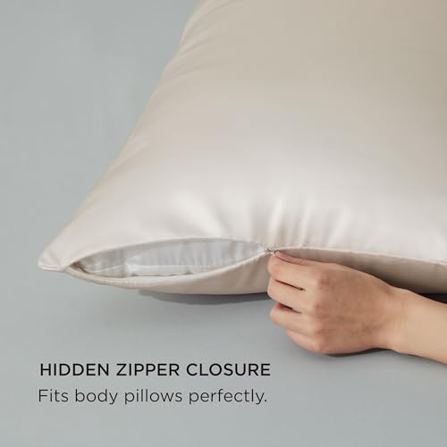 Image of Bedsure Satin Body Pillow Cover with Zipper, Similar to Silk Body Pillow Pillowcase, Soft & Breathable Long Pillow Case, Cooling & Silky Long Pillowcase for Hair and Skin, Gifts, Beige, 20x54 Inches
