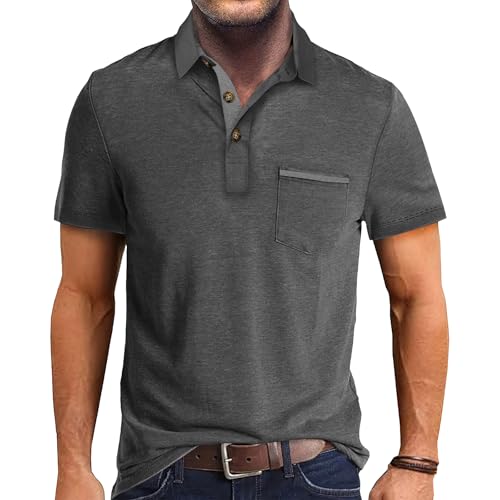 Mens Fashion Polo Shirts Cotton Classic Short Sleeve Lightweight Button Shirt with Pocket