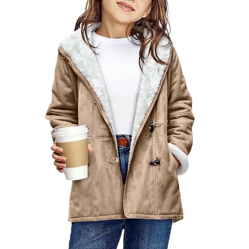 Kids Winter Coat with Pockets Hooded Long Sleeve Cute Warm Winter Fall Hoodies Jacket Girls Suede Fleece Lined Coats Duffle Coat