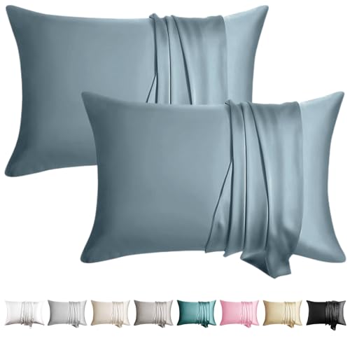WLOSJ 100% Silk Pillowcase for Hair and Skin Toddler Size 2 Pack Mulberry Silk Pillow Case 13 x 18 Inches Highest 6A Silk Kids/Travel Pillow Cover Soft Breathable Cooling with Hidden Zipper, Grey Blue