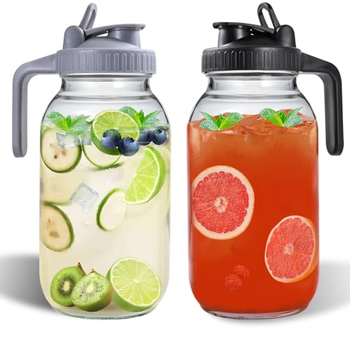 Image of KFOSO 64oz Glass Pitchers with Lid and Spout, 2 Quart Mason Jar Pitchers, Wide Mouth Jar Leak-proof Water Jug for Water, Juice, Milk, Tea, Iced Coffee, and Drinks, 2 Packs.
