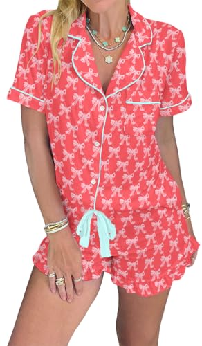 Image of KevaMolly Women Novelty Knotted Candy Cane Christmas Pajama Set | Christmas Floral Bow Print PJ Set, Button Lapel Knotted Drawstring Shorts with Convenient Side Pockets