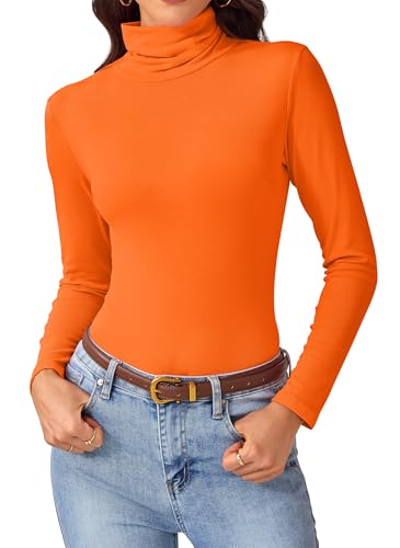 Turtle Necks Tops for Women - Lightweight Long Sleeve Shirts Slim Fit Stretch Turtleneck Tee for Business Casual & Fall Fashion Orange Medium