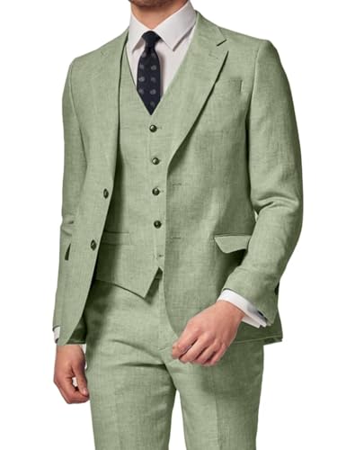 La mejor selección de Trajes para Hombre los mejores 10. 48 Conjunto de 3 piezas de lino de verano para hombres, conjunto de traje ajustado de dos botones, estilo casual, color liso, chaleco, pantalones para bodas, fiestas, Verde salvia,...