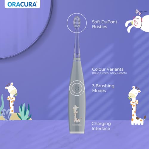 Image of ORACURA KSB200 Kids Sonic Electric Rechargeable Toothbrush, 3-10 Years, 24,000 strokes /min, With 3 Modes, IPX7 Waterproof, Smart 2-Min Timer, Rechargeable Lithium Battery, LED & Colorful Lights (Grey)