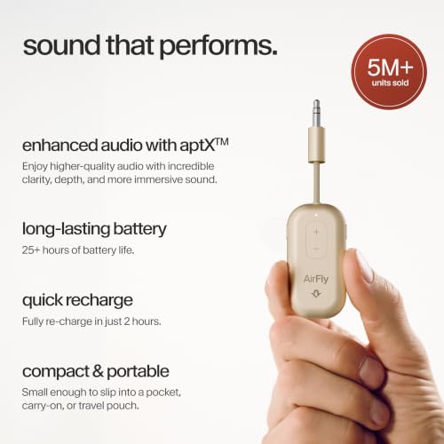Image of Twelve South AirFly Pro | Bluetooth Wireless Transmitter /Receiver Adapter for 2 Headphones, Audio Sharing, Compatible with 3.5mm aux Jack for Airplanes, TV, Gym, Stereo, and Travel, Gold