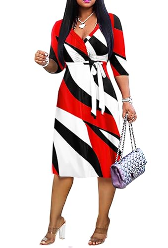Image of Womens Plus Size Summer Dresses Sexy V Neck Midi Dress Faux Wrap Dress 3 /4 Sleeve Boho Casual Floral A-Line Skirts