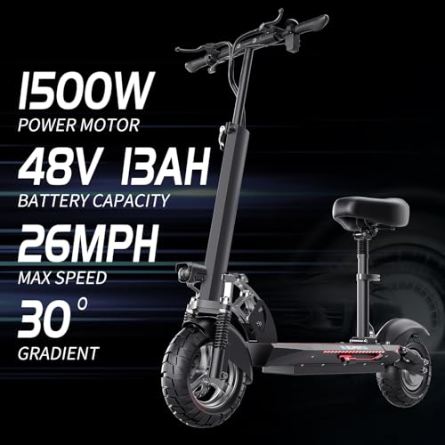 Image of Electric Scooter for Adults with Seat, 1500W Peak Motor, 26Mph 45 Miles Range Foldable Sport Scooter with 48V 13AH Battery, Dual Suspension, 10 inch Heavy Duty 300+ lbs Commuter E Scooter