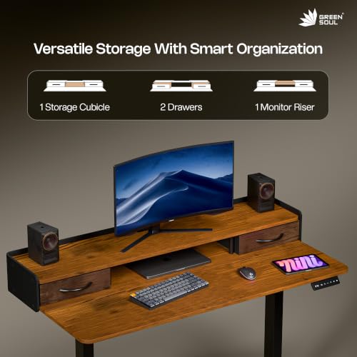 Image of Green Soul Elevate Plus Electric Height Adjustable Table for Office Work | Integrated Storage Sit Stand Desk | Monitor Riser | 80 Kgs Load Capacity | 3 Year Warranty | Antique Wood