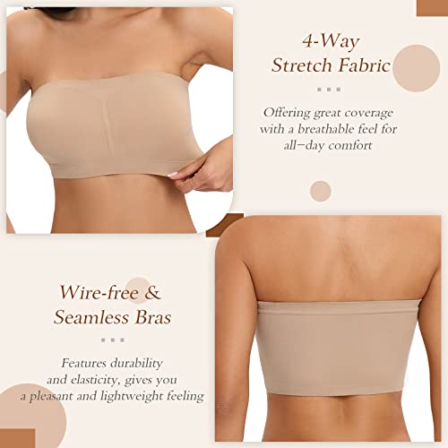 Strapless Bras For Women Bandeau Bras No Padded Strapless Bralette Tube Top Bra (Black + Beige# No Padded, X-Large) #TOP2