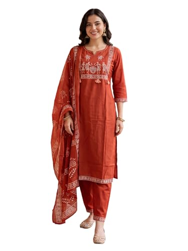 Image of INDO ERA Women's Pure Cotton Striped Printed Kurta & Pant with Dupatta Set