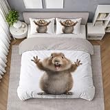 Caricatura Funda Nordica Cama 150-220 x 240 cm con Fundas de Almohada Marmota Expresivo Alegre Acogedor Extra Suave Caqui Ropa de Cama con Cremallera para niños y niñas