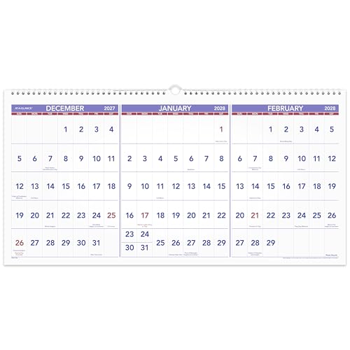Image of AT-A-GLANCE 2027 Wall Calendar, 15-Month Dec-Feb, 24 inch x 12 inch, Horizontal 3-Month Reference (PM142827)