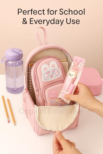 Image of Kawaii Cute Rabbit Pencil Pouch for Kids with Cute Cat Eraser Set | 6-Layer Multi-Pocket Pen Bag for Girls | School Stationery Kit Combo | Cute Bunny Design Pink Pouch