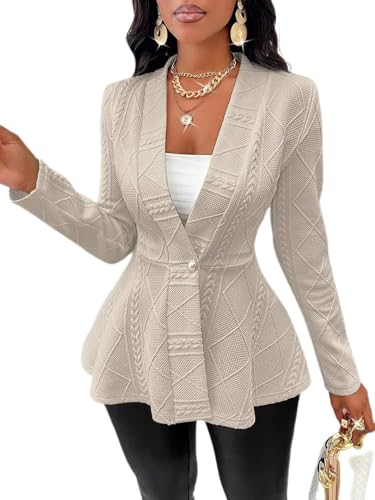 MOLERFO Women's Button Textured Blazer Ruffle Hem Mid-Length Single Button Jacket Workplace Office Formal Women's Fall Jacket