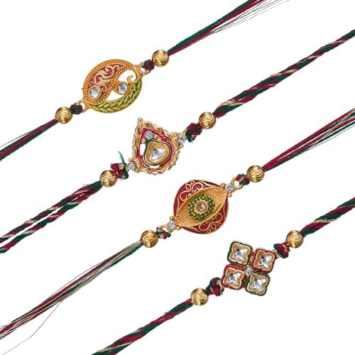 Image of eCraftIndia Multicolor Set of 4 Radha Krishna Playing Flute, Peacock, Krishna Flute, Peacock Feather Designer Religious Rakhis with Roli Chawal Pack