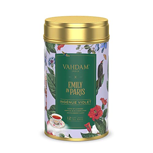 Vahdam, Emily In Paris - Ingenue Violet Herbal Tea Bags (12 Tea Bags) Gluten-Free, Natural Floral Infusion - Lavender, Hibiscus, Blueberry Candy, Blue Cornflower | Premium Tin Caddy, Tea Gift Set #TOP23