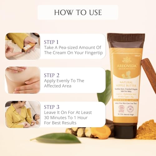 Image of AreoVeda Natural Nipple Butter (25 gm x 2) | Lanolin- Free Nipple Cream For New Moms | Soothes Sore & Dry Nipples| Turmeric & Ghee | No Wipe Off Needed | Breastfeeding Safe | Dermatologically Tested
