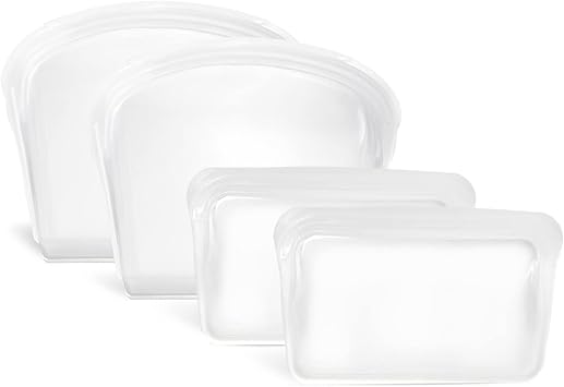 KVK Reusable Silicone Bags for Food Storage, 4 Pack Heavy Duty Silicone Ziplock Bags, Leakproof Reusable Sandwich Bags, Snack Bags, Oven Safe, Microwave Safe, Dishwasher Safe, Food Grade, Clear