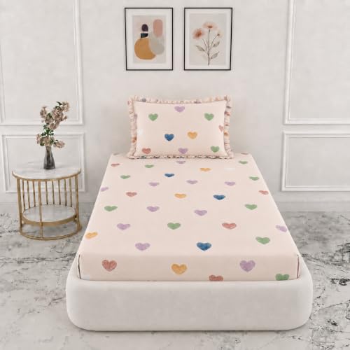 Image of VOMZER Single (36x72) 300 TC Soft Cotton Feel Microfiber All Around Elastic Fitted Single Bedsheet with 1 Frill Pillow Covers | Dust Pink Heart