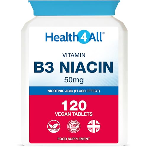 Health4All Vitamin B3 Niacin as Nicotinic Acid (Flush Effect) 50mg 120 Tablets 4 Months Supply, Vegan VitB3 Supplement, Cholesterol Support Supplement, Reduce Tiredness and Fatigue | Made in UK