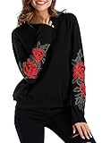 ZJCT Womens Crew Neck Long Sleeve Top Floral Embroidered Pullover Sweatshirts Black L