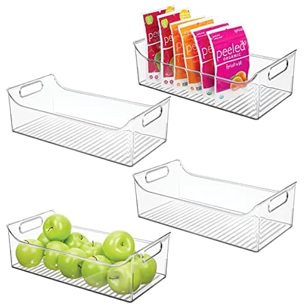 mDesign Juego de 4 cajas para nevera con asas – Organizador de frigorífico largo para almacenar alimentos – Contenedor transparente de plástico para el armario de la cocina o la nevera – transparente