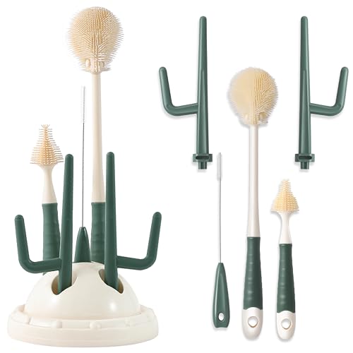 Image of Liname Cactus Baby Bottle Brush Set - 3 Piece Cleaning Brush with Storage Base & Drying Rack,- Includes Bottle Cleaner, Nipple Cleaner & Straw Cleaner - Baby Essentials, Newborn Essentials Must Haves