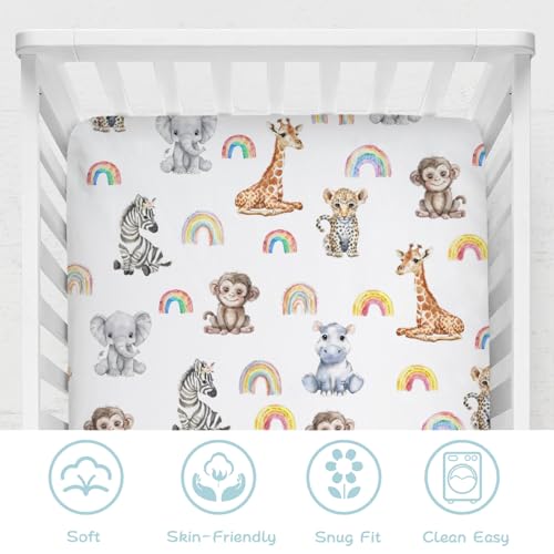 Image of Jungle Safari Animals Rainbow Baby Crib Sheets 52''x28'' Leopard Elephant Giraffe Zebra Hippo Monkey Stretchy Fitted Crib Mattress Cover for Boy Girl Zoo Bed Sheet for Standard Crib Toddler Mattress