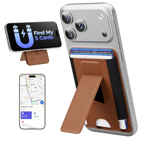 APTMAPT for MagSafe Wallet, Works with Apple Find My, 5-Card RFID Holder with Stand Also Grip, Strong Magnetic Wallet for iPhone 17/16/15/14/13/12 Pro Max Air Plus, Wireless Charging, Brown