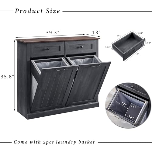 Image of IFGET Double Tilt Out Trash Cabinet, Wood Trash Can Cabinet, Dark Grey