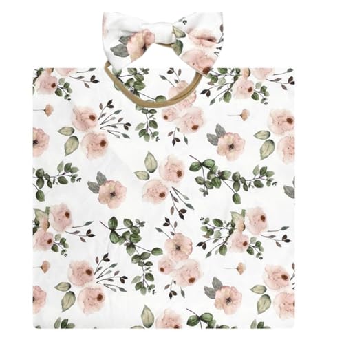 Image of Receiving Blankets for Baby Girls Swaddle Blanket with Headband Set for 0-3 Month Cotton Knitted Newborn Swaddle Wrap Perfect Shower Gift (Green Pink Flower)