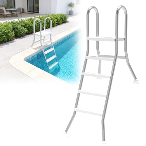 TATIVALO Edelstahl Poolleiter 4 Stufen, Schwimmbadleiter mit Handlauf & rutschfesten Tritten, Sicherheitsleiter für Gartenpool & Teilversenkte Pools, Einfache Montage